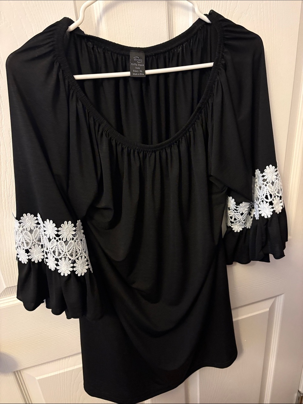 White Mark Black Tunic with White Floral Lace Trim